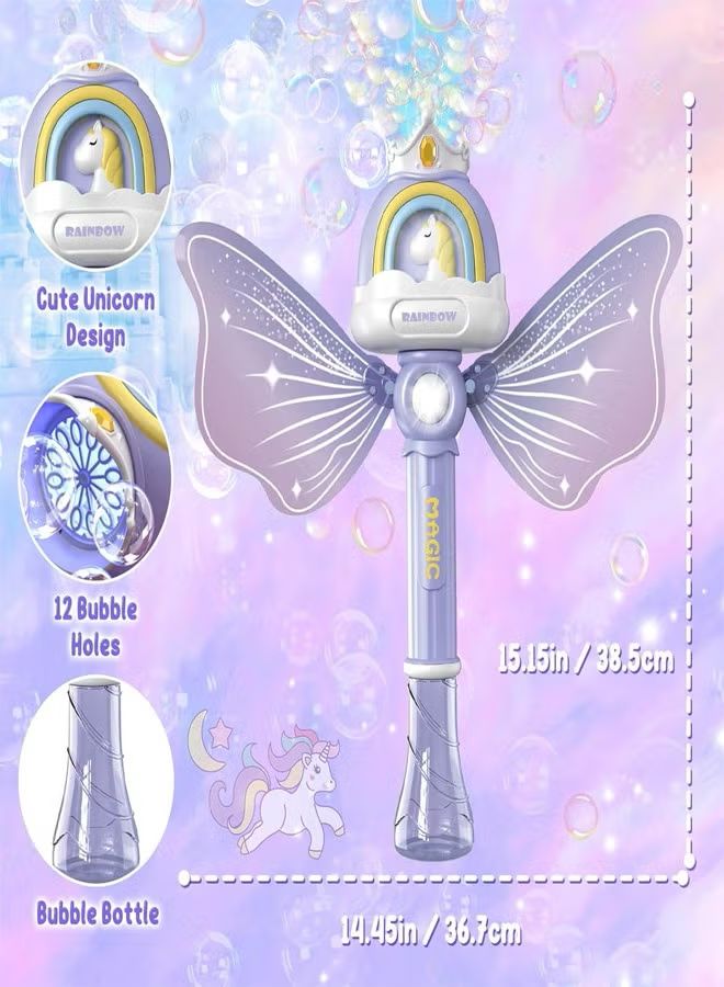 Unicorn-themed bubble wand with detailed specifications on a colorful background