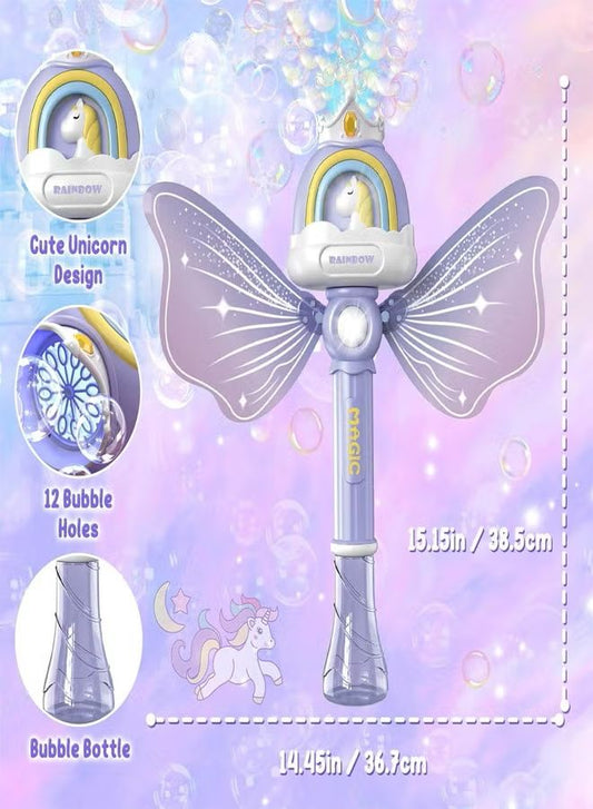 Unicorn-themed bubble wand with detailed specifications on a colorful background